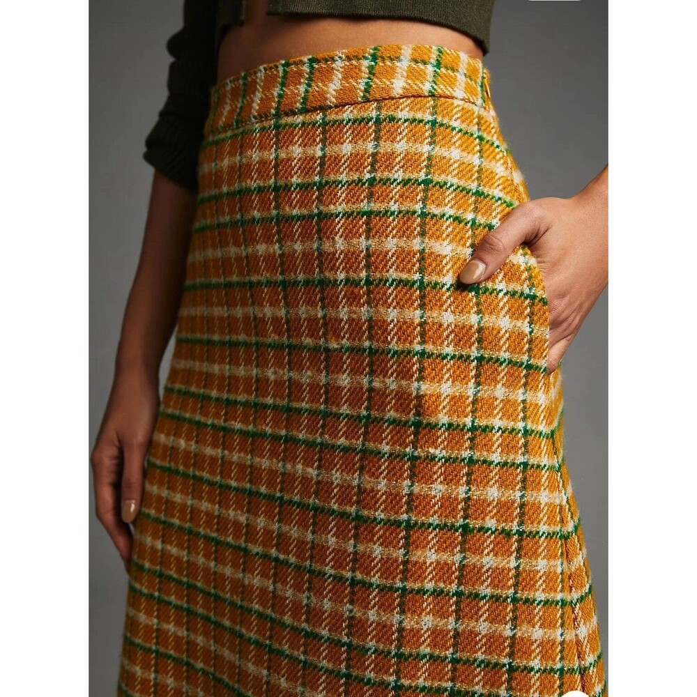 Anthropologie English Factory Midi Skirt Yellow Green Plaid Preppy Small New - Picture 7 of 15
